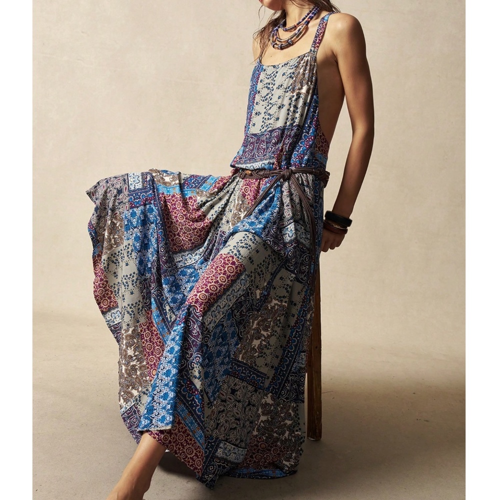 Boho Multicolor Color block Patchwork Racerback Maxi Dress - Picture 4 of 6